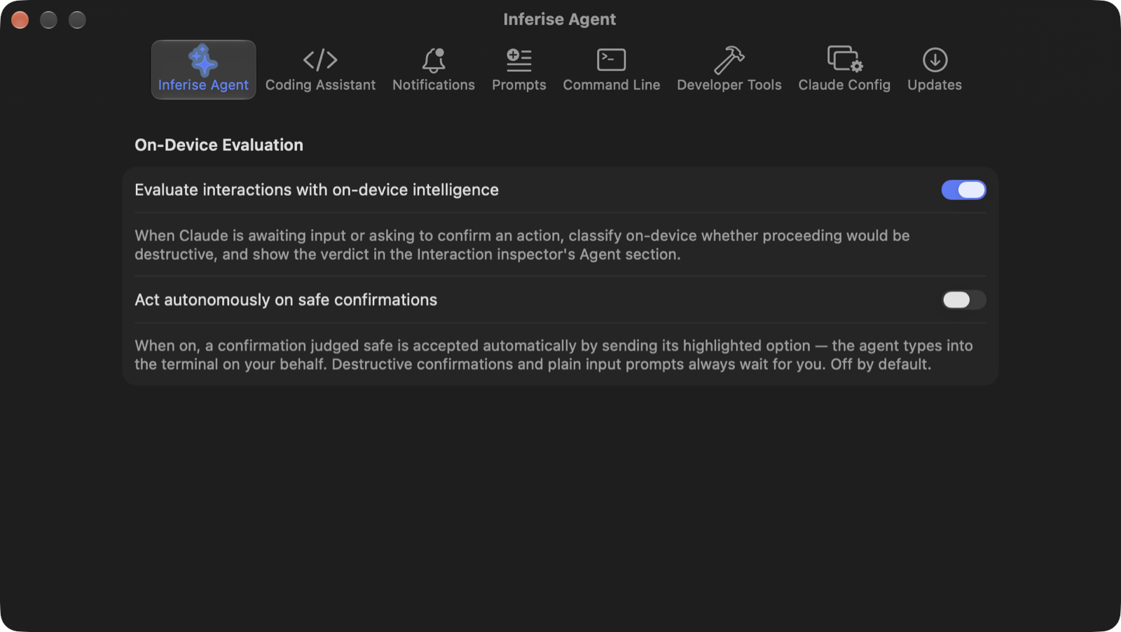 Inferise Agent settings showing the on-device evaluation toggles