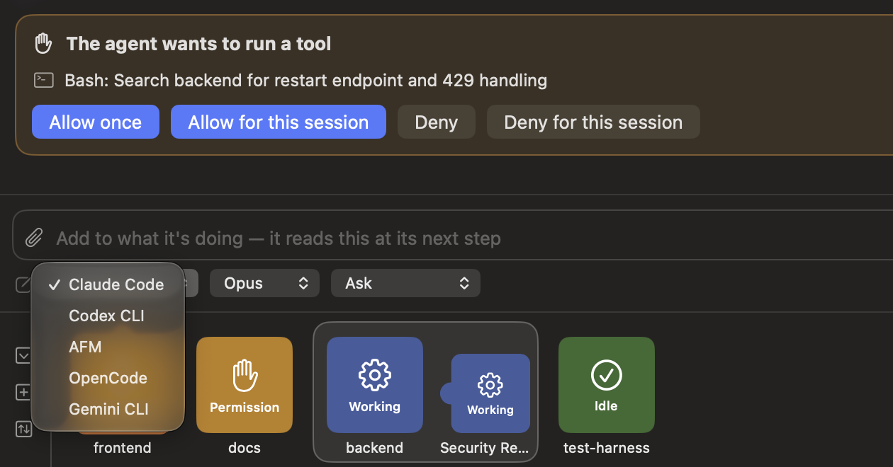 Agent menu listing Claude Code, Codex CLI, AFM, OpenCode and Gemini CLI above the Project Status Ribbon
