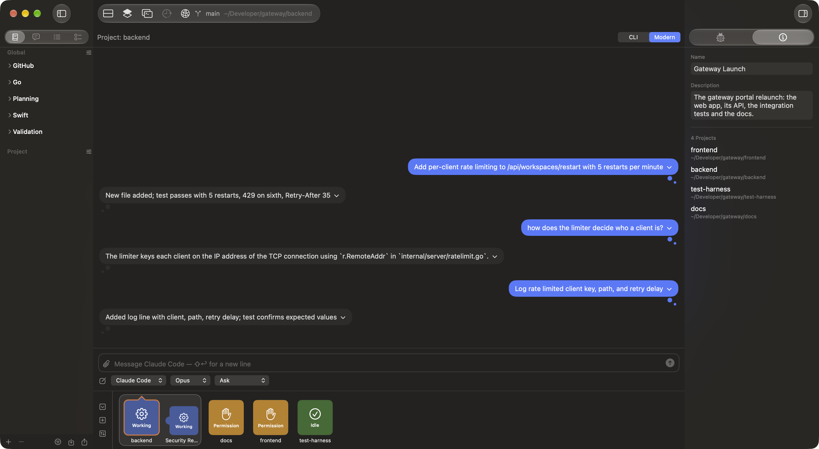 Inferise Code in dark mode: a Modern mode conversation with summarized turns, the Project Status Ribbon with a running Project Task, and the Workspace Information drawer