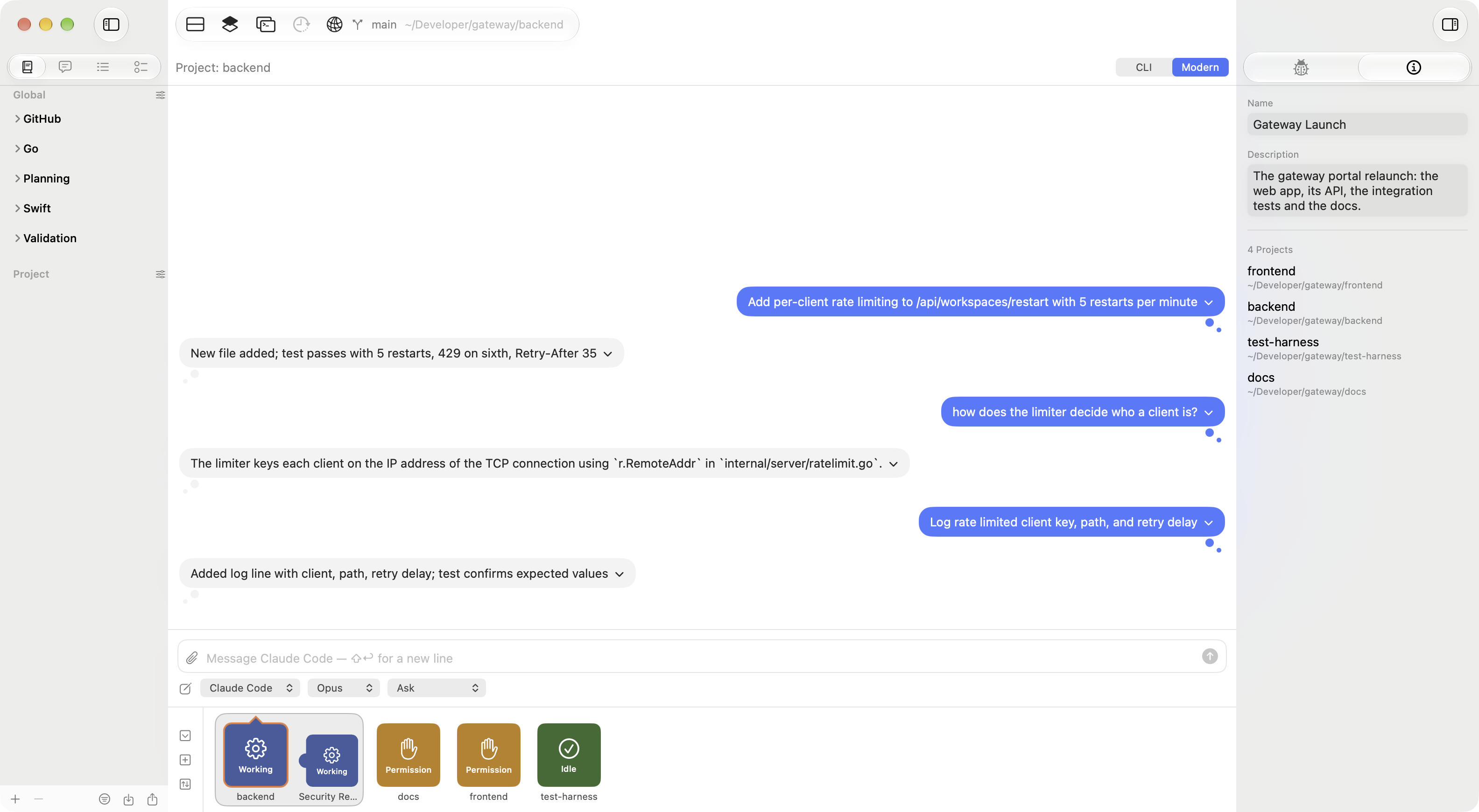 Inferise Code in light mode: a Modern mode conversation with summarized turns, the Project Status Ribbon with a running Project Task, and the Workspace Information drawer