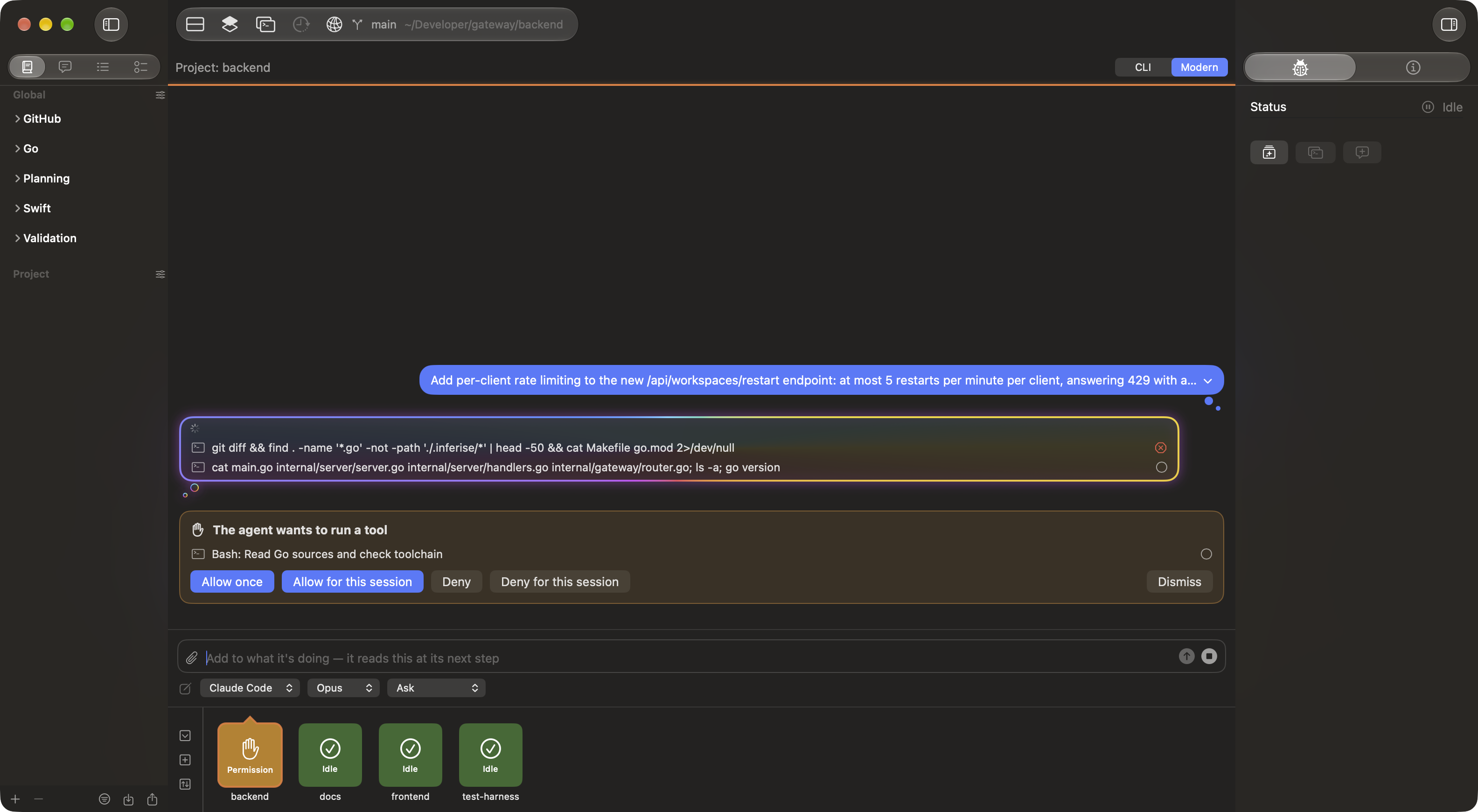 Modern mode conversation with a live turn and an inline permission card offering Allow once, Allow for this session, Deny and Deny for this session