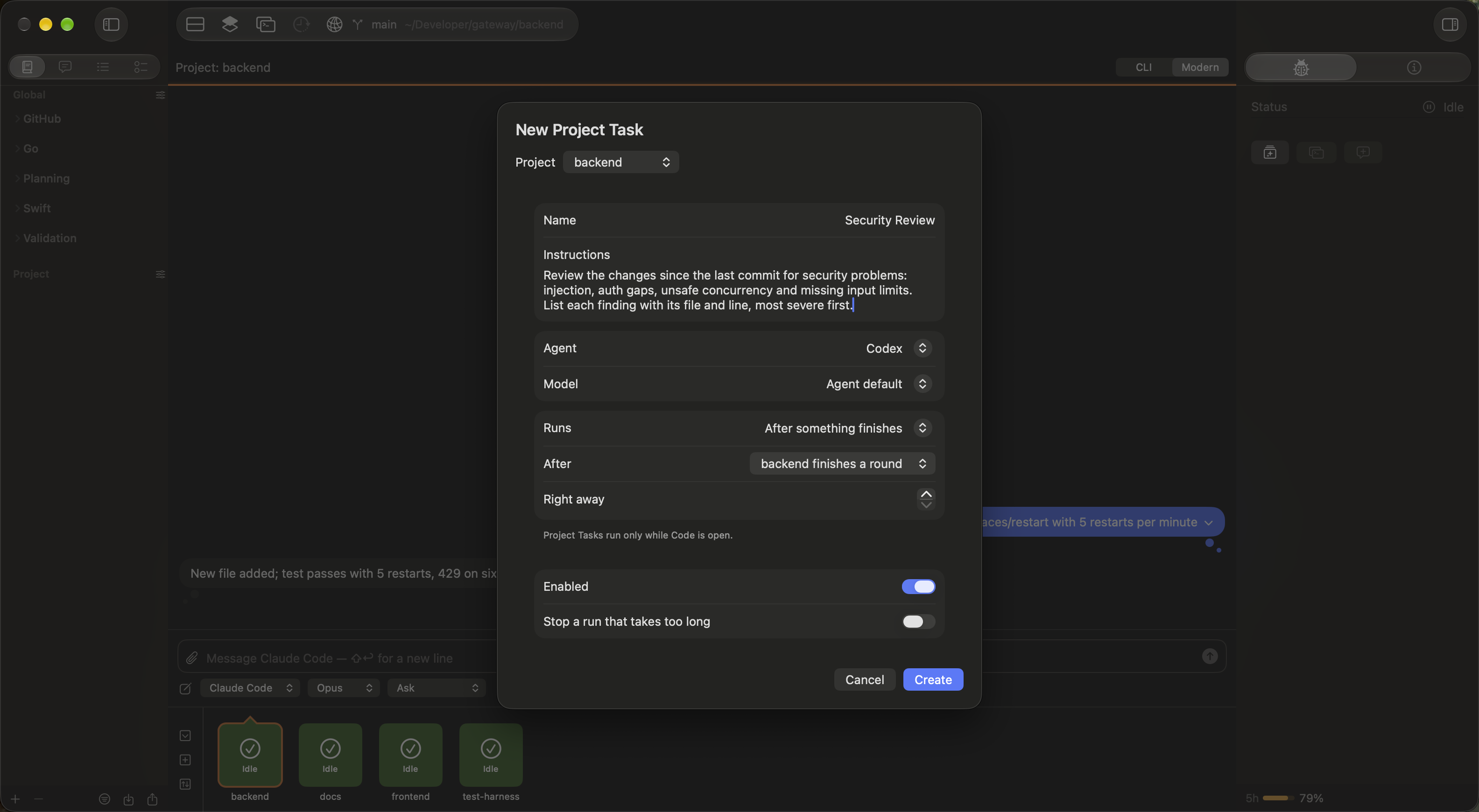 New Project Task sheet: configure task name, instructions, agent CLI, and execution trigger