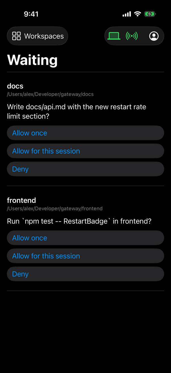 Pilot Pro Waiting inbox collecting pending permission requests and questions across all projects in one stream