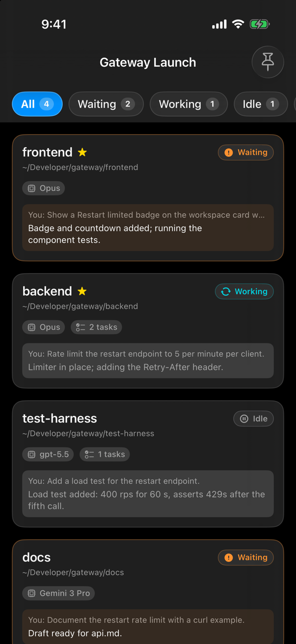Pilot Pro workspace detail filtering projects by Waiting, Working, and Idle