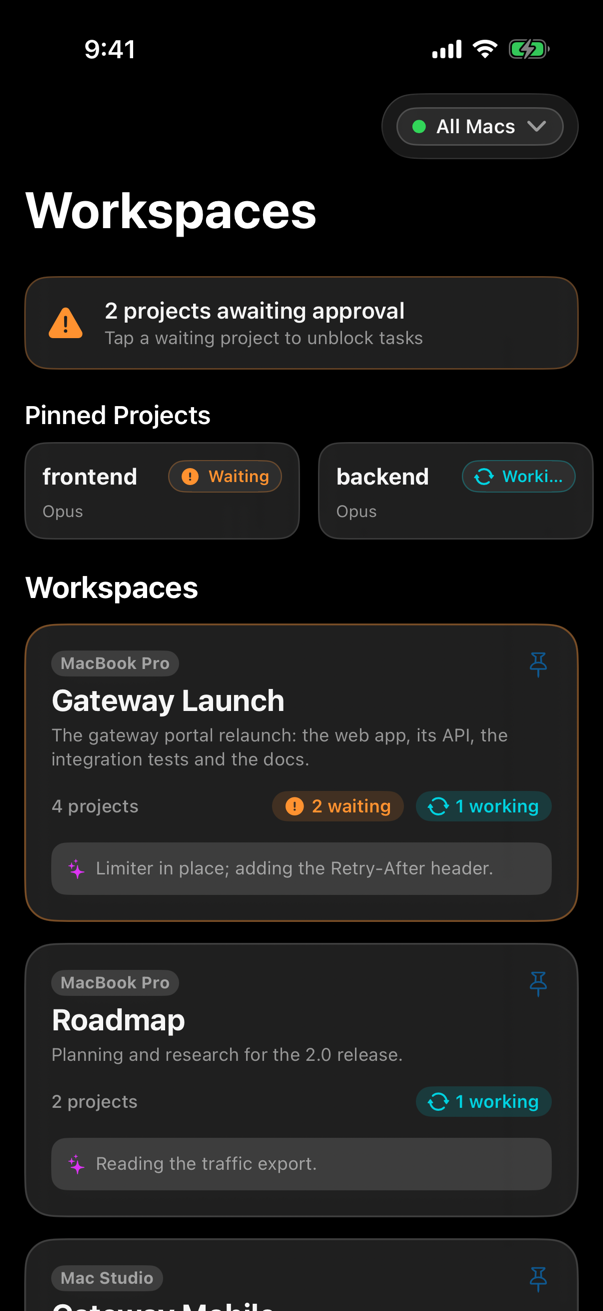 Pilot Pro workspaces overview with projects awaiting approval, pinned projects, and workspace cards from multiple Macs