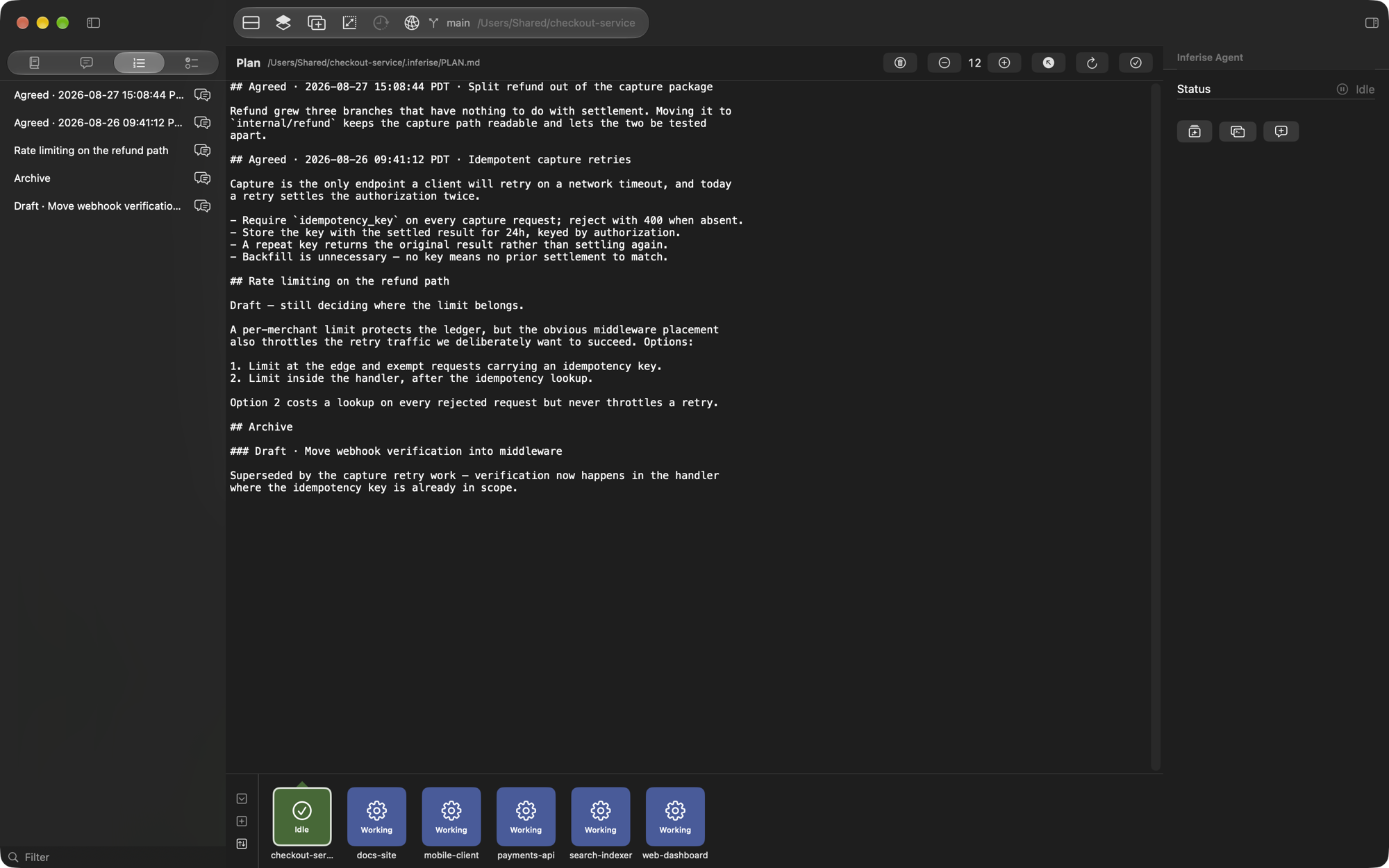 The plan pane listing plan sections with send buttons