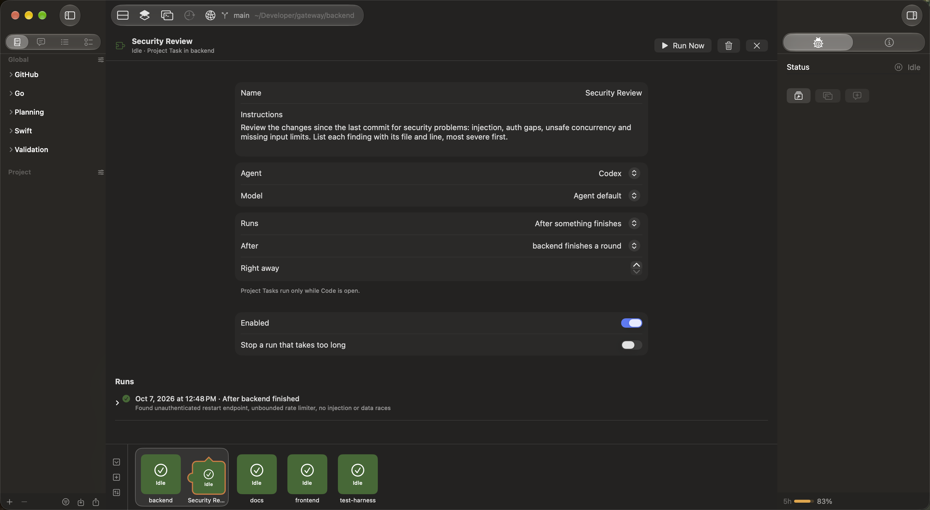 A Security Review Project Task set to run with Codex after the backend finishes a round, with its run history