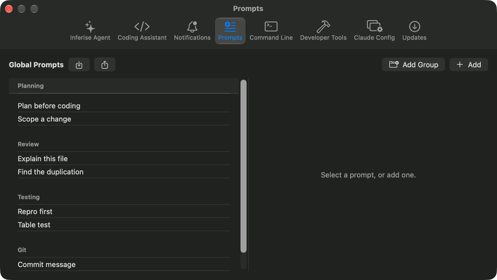 The prompt library showing grouped global prompts with JSON import and export