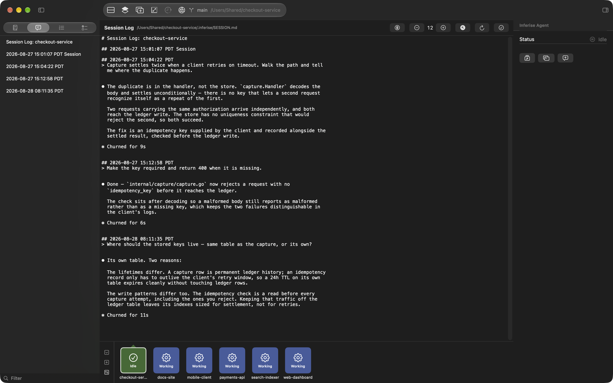 A session transcript in the Session Log pane
