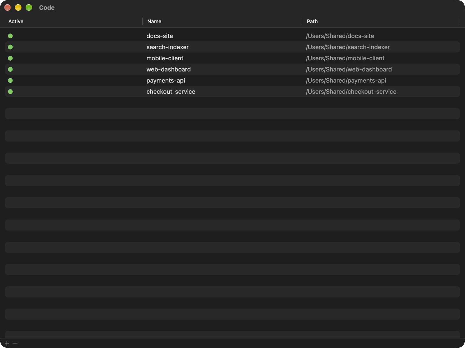 The Inferise Code start screen listing projects by name and path
