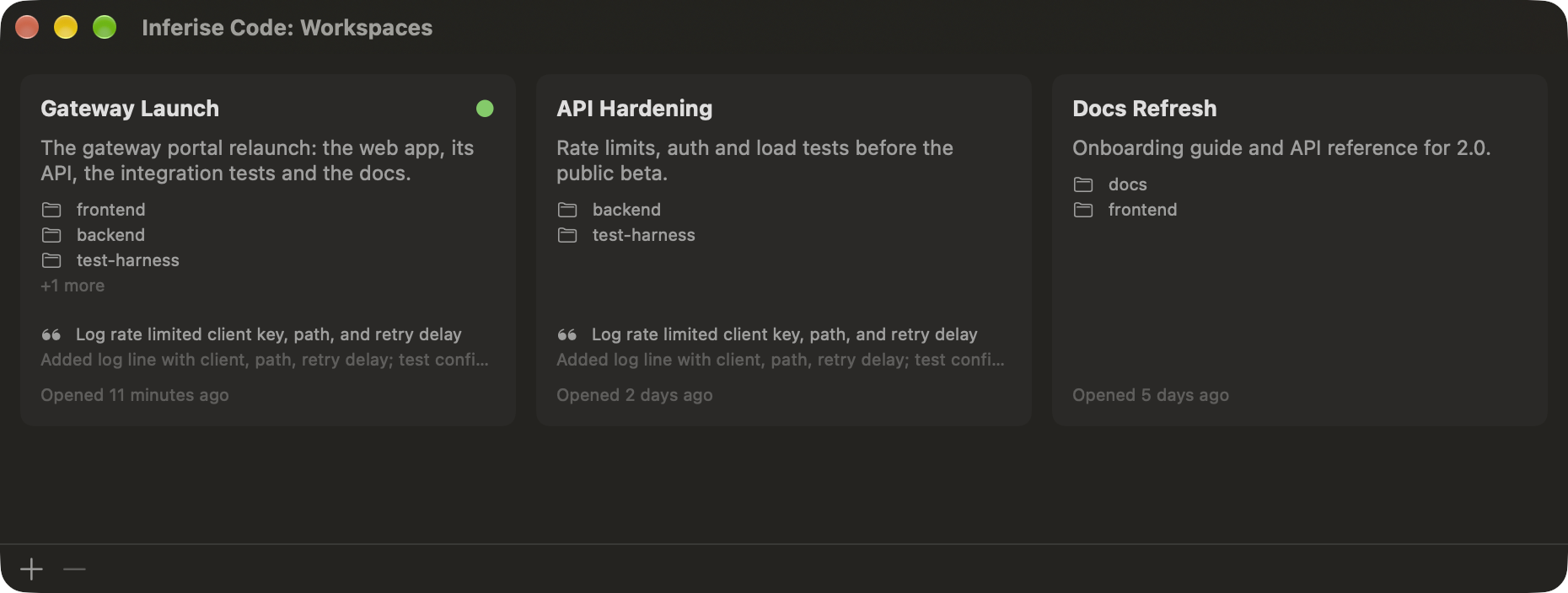 Start screen with three named workspaces, each showing its description, projects and the last task